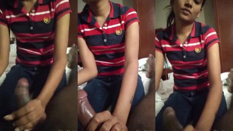 Bored Indian housewife erecting horny husband's cock on bed