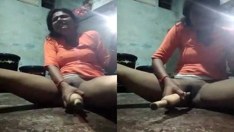 Desi girl dildoing with wooden roti roller