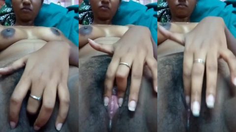 Dusky Chennai girl rubbing and fingering hairy pussy on live cam