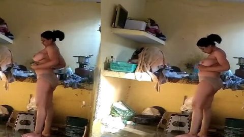 Big boobs village MILF nude in kitchen hidden cam
