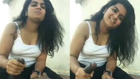 Chubby girl gives handjob to lover on cam