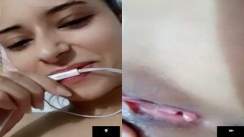 Cute skinny girl fingering her small pussy on VC