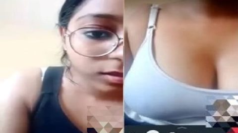 Girl in glasses first time boobs show video call