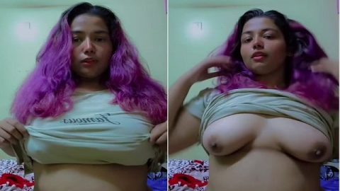 Purple head desi girl holding huge milk tankers