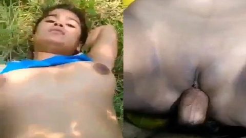 Village girl on grass field in outdoor sex with lover