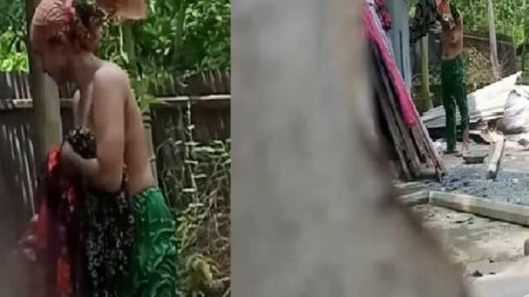 Village neighbor girl outdoor bath caught through hole