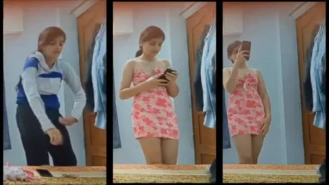 Desi Girl Changes into Cute Dress at Home for Video Call