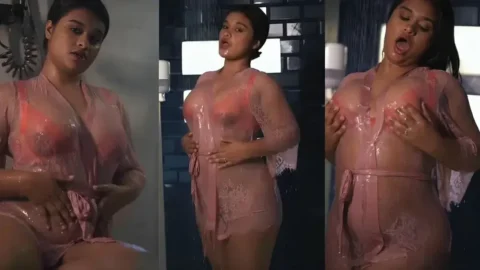 Desi Babe Teasing In Pink Lace Robe See Through Boobs Bathtub Video MMS