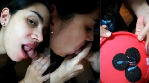 Horny girl giving blowjob eating cum with snacks Desi Porn MMS